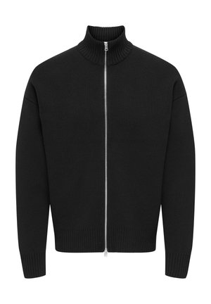 Pull en maille noire avec un col montant côtelé, une fermeture éclair intégrale à l'avant et des poignets et ourlet côtelés. Le matériau texturé offre un aspect chaleureux.