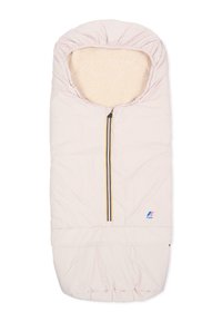 Roze gewatteerde slaapzak met een zachte, crèmekleurige binnenkant en een centrale rits met kleurrijke accenten. Ontworpen voor warmte en comfort.