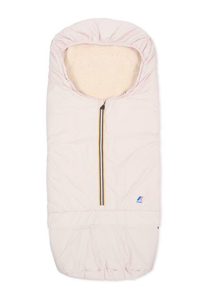 Roze gewatteerde slaapzak met een zachte, crèmekleurige binnenkant en een centrale rits met kleurrijke accenten. Ontworpen voor warmte en comfort.