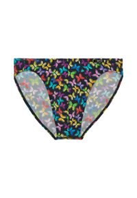 Bunt gemusterte Bikini-Unterteile mit Schmetterlingen aus schwarzem Stoff und transparenten Netz-Seiteneinsätzen. Verfügt über eine weiche Textur und einen elastischen Bund.