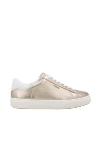 Metallic gold sneakers with white leather accents, featuring a smooth texture, lace-up design, and a rubber sole.