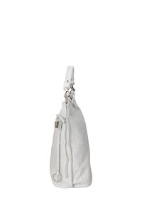 Borsa a spalla in pelle intrecciata bianca con scomparto con cerniera, superficie texturizzata e dettagli in metallo argentato.
