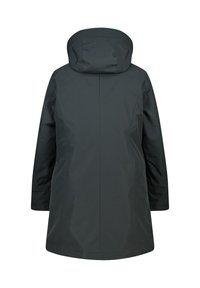 Manteau imperméable vert foncé avec capuche, manches longues et coupe droite. Texture lisse avec un design minimaliste et sans embellissements visibles.