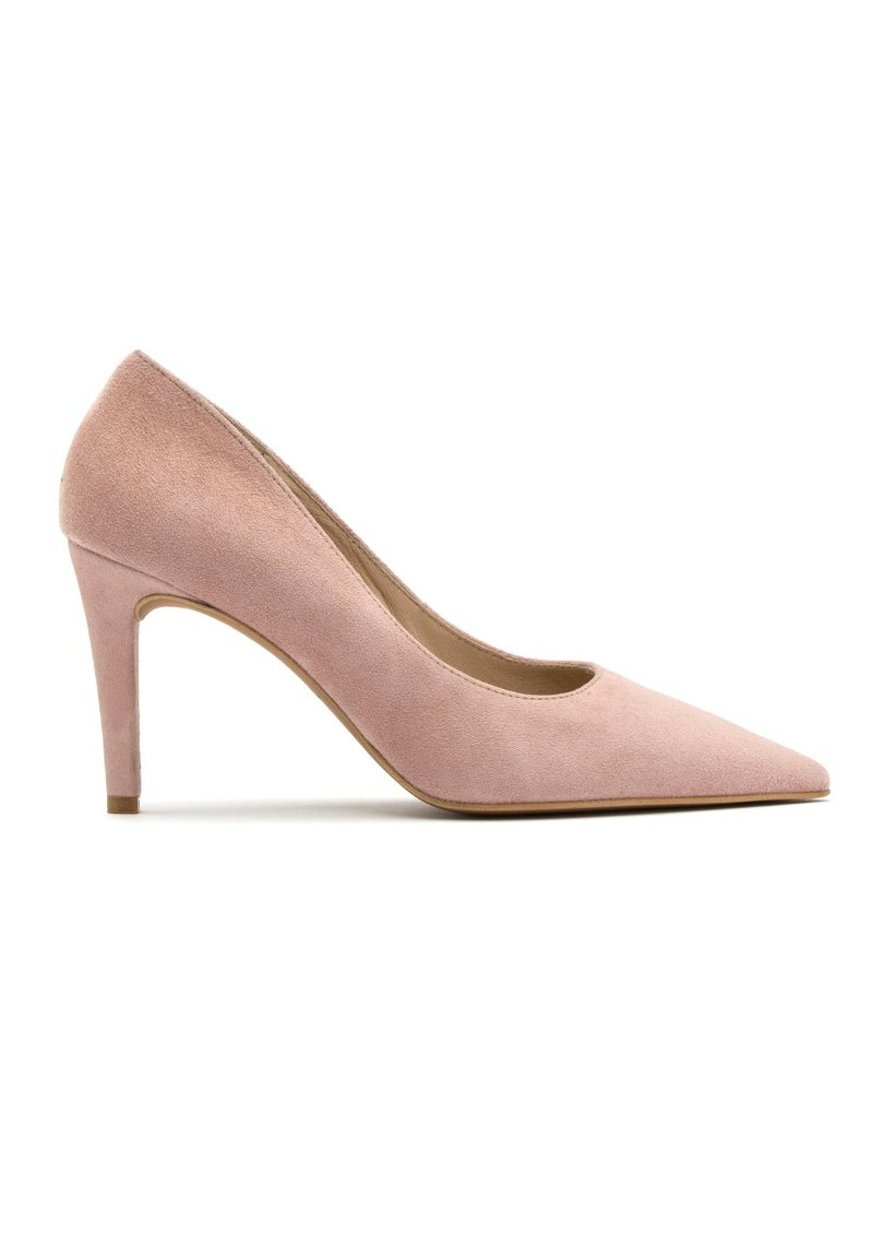 Pink suede high-heel pump with a pointed toe and slender heel. Smooth texture and minimalist design, suitable for formal wear.