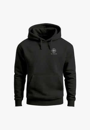 Black hoodie with front pocket, drawstring hood, and small white compass logo above "NEVERLESS" text on the left chest.