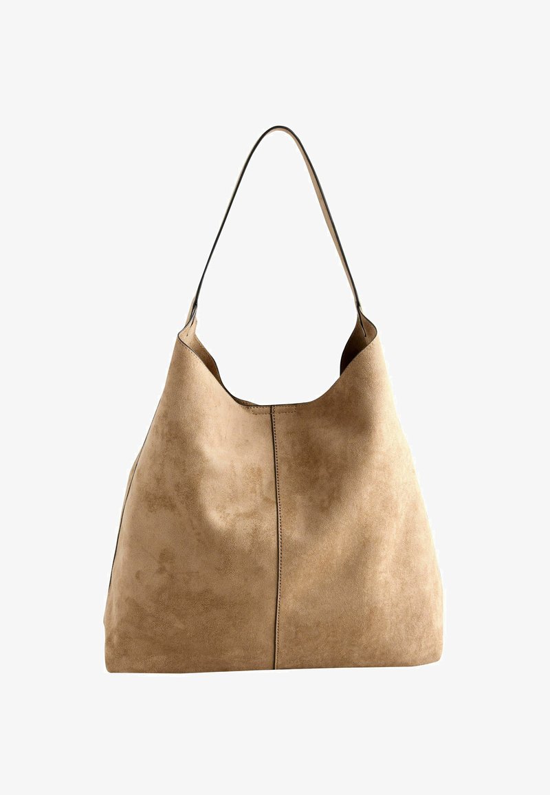 Sac à bandoulière en daim brun clair avec une seule sangle et une couture verticale simple au centre avant.