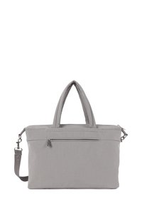 Borsa a tracolla in tessuto grigio con due manici, una tracolla rimovibile e una tasca frontale con zip. Texture liscia con dettagli hardware minimalisti.