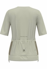 Lichtgrijs sporttop met korte mouwen, voorzien van een ronde halslijn, een trekkoord in de taille en subtiele beige accenten aan de zijkanten.