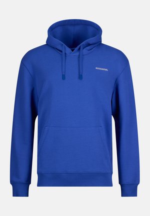 Felpa con cappuccio blu con tasca a marsupio sul davanti, cappuccio con coulisse, polsini a coste e piccolo logo bianco "Rossignol" sul petto.