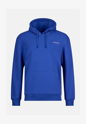 Felpa con cappuccio blu con tasca a marsupio sul davanti, cappuccio con coulisse, polsini a coste e piccolo logo bianco "Rossignol" sul petto.
