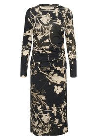 Vestido midi negro de manga larga con estampado floral beige y frunces en los laterales de la cintura.