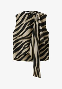 Blusa sin mangas con estampado de cebra y detalle asimétrico de lazo colgante en tonos negros y beige.
