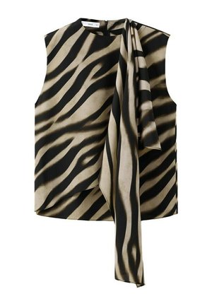 Blusa sin mangas con estampado de cebra y detalle asimétrico de lazo colgante en tonos negros y beige.