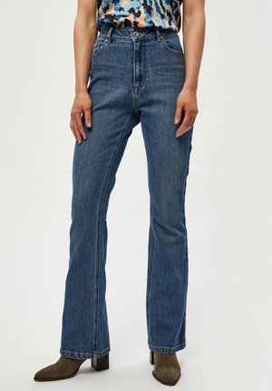 High-waisted blue denim jeans with a straight fit, featuring a smooth texture, subtle fading, and five-pocket design.
