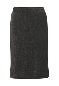 Jupe crayon noire, arrivant aux genoux, avec un effet scintillant subtil et une texture lisse. Présente une taille ajustée et un design simple et épuré.