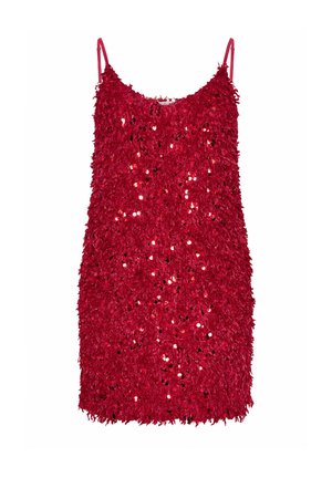 Abito rosso senza maniche realizzato in tessuto testurizzato con decorazioni simili a paillettes, caratterizzato da spalline sottili e un taglio dritto.