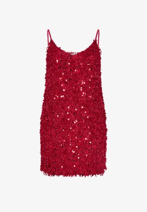 Rotes ärmelloses Kleid aus strukturiertem Stoff mit sequinenähnlichen Verzierungen, dünnen Trägern und geradem Schnitt.