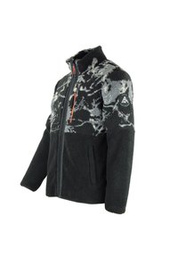 Giacca in pile nera con un motivo grigio e bianco nella parte superiore, chiusura con zip frontale e dettaglio della zip arancione. Tessuto morbido e testurizzato.