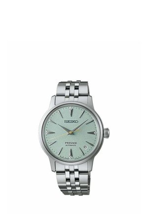 Montre-bracelet automatique Seiko Presage argentée avec cadran texturé vert clair, index heures argentés et bracelet métallique à cinq maillons.