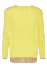 Yellow knitted sweater with a loose fit, featuring long sleeves and a beige ribbed hem. Textured fabric with a lightweight appearance.
