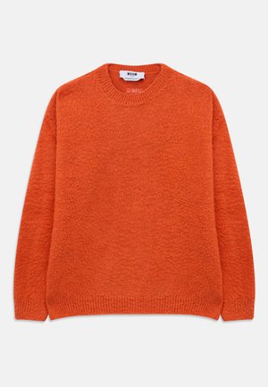 Leuchtend orangefarbener Langarm-Pullover mit Rundhalskragen, Rippbündchen und -saum, flach ausgestellt, Vorderseite gezeigt und MSGM-Label im Kragen.