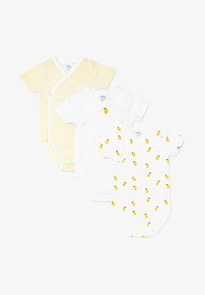 Drei Baby-Bodysuits: einer gelb gestreift, einer weiß mit einem Zitronenmotiv und einer weiß gestreift mit gelben Zitronenmuster. Weicher Stoff, kurzärmelig.