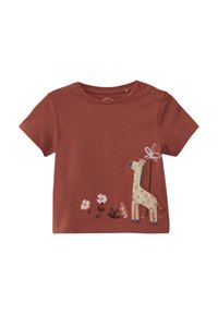 Rdzaworudy krótki t-shirt wykonany z bawełny, z haftem przedstawiającym żyrafę i kwiaty z przodu. Posiada zapięcie na napy na jednym ramieniu.
