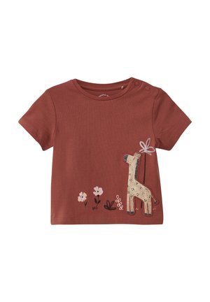 Roestkleurig T-shirt met korte mouwen van katoen, met een geborduurde giraffe en bloemen op de voorkant. Voorzien van drukknopen op één schouder.