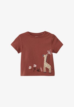 Kurzärmliges, rostfarbenes T-Shirt aus Baumwolle mit einem gestickten Giraffen- und Blumenmotiv auf der Vorderseite. Mit Druckknopfverschluss an einer Schulter.
