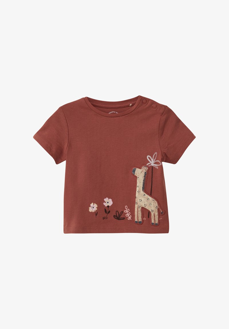 Roestkleurig T-shirt met korte mouwen van katoen, met een geborduurde giraffe en bloemen op de voorkant. Voorzien van drukknopen op één schouder.