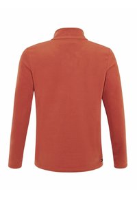 Veste polaire couleur rouille à manches longues avec col montant vue de dos sur fond blanc.