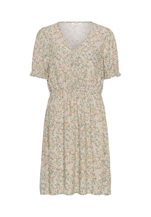 Vaaleanvihreä lyhythihainen mekko, jossa on vaaleanpunainen ja keltainen kukkakuosi, V-pääntie, vyötäröltä kerätty ja nappikoriste edessä keskellä.