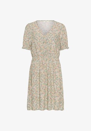 Light green short-sleeve dress with pink and yellow floral print, V-neck, gathered waist, and button detail at front center.