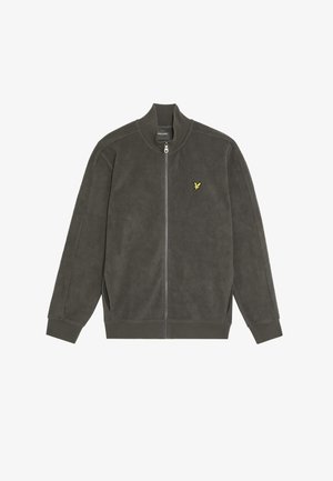 Veste en polaire gris foncé avec fermeture éclair sur le devant, poignets et ourlet côtelés, et petit logo d'oiseau jaune sur la poitrine gauche.