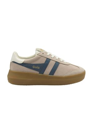 Zapatilla Gola beige y azul con cordones blancos, suela gruesa de goma y cuello acolchado en el talón, vista desde el lateral exterior.