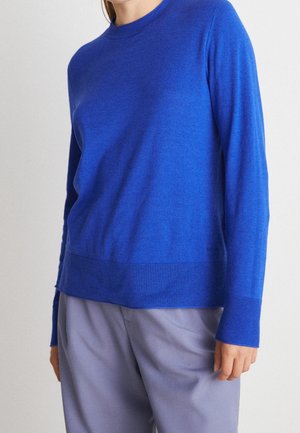 Persoon draagt een felblauwe trui met lange mouwen en lichtgrijze broek, staand tegen een effen lichte achtergrond.