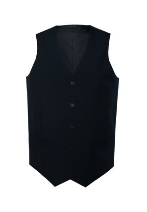 Gilet blu navy realizzato in misto lana, con scollo a v, sei bottoni e due tasche laterali. Tessuto liscio con una vestibilità sartoriale.