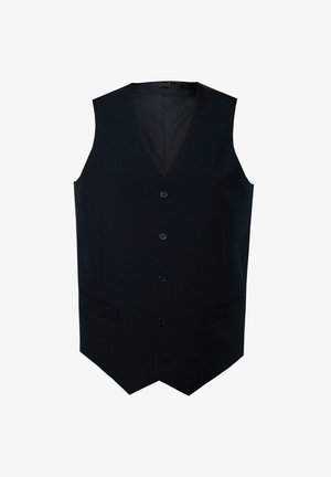 Marineblå vest lavet af uldblanding, med v-hals, seks knapper og to sidelommer. Glat tekstur med en skræddersyet pasform.