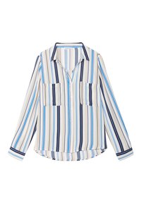 Chemise légère à manches longues, boutonnée, de couleur crème avec des rayures verticales bleu marine, bleu et gris. Deux poches poitrine et une coupe décontractée.