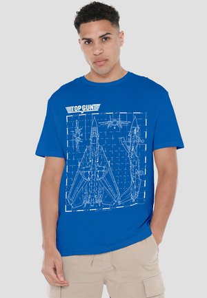Blue cotton t-shirt featuring a white blueprint graphic of a fighter jet and the text "TOP GUN" at the top, round neckline, short sleeves.