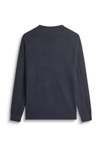 Maglione navy a maniche lunghe con scollatura a girocollo, texture liscia e polsini a costine. Presenta un sottile dettaglio sulla parte posteriore della spalla.