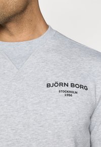 Primer plano de una persona que lleva una sudadera gris claro con la inscripción "BJÖRN BORG STOCKHOLM 1956" en el pecho.