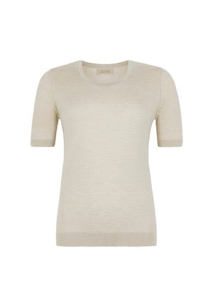 Beige kortärmad stickad topp med rund halsringning, med en slät textur och figursydd design. Inga mönster eller dekorationer finns.