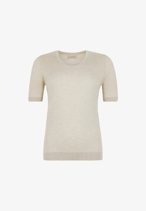 Beżowy, krótki sweter z krótkim rękawem o okrągłym dekolcie, charakteryzujący się gładką fakturą i dopasowanym krojem. Brak wzorów i zdobień.