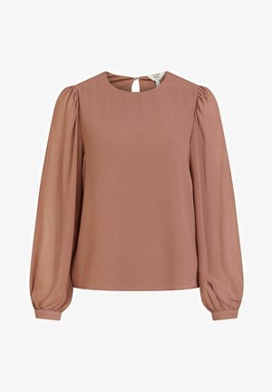 Blouse longue mauve à manches longues bouffantes, col rond, fermeture à boutons dans le dos et poignets froncés.