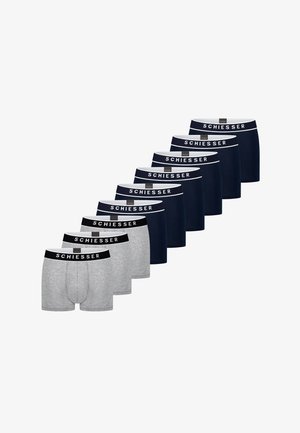 Syv par herreboxershorts i grå og marineblå, hver med en sort linning med hvid "SCHIESSER"-branding.