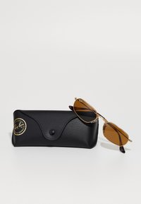 Auksu rėmuoti Ray-Ban akiniai nuo saulės su rudais objektyvais, kurie guli šalia juodo tekstūruoto odinio Ray-Ban dėklo su auksine logotipo etikete.