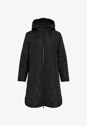 Mustast vattitud jope kapuutsiga, millel on täielik esilukk, pikad varrukad ja keskmise pikkusega lõige ning laineline tekstuurimuster.