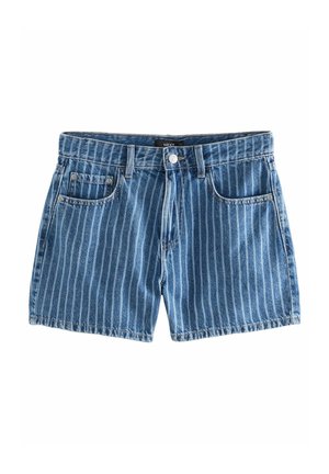 Short en denim bleu avec des rayures blanches verticales, fermeture à boutons à l'avant, passants de ceinture et poches avant.