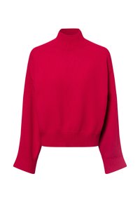 Fuchsia gestrickter Pullover mit hohem Stehkragen, weiten Ärmeln und gerippter Textur. Kurz geschnittenes Design mit glatter Oberfläche.